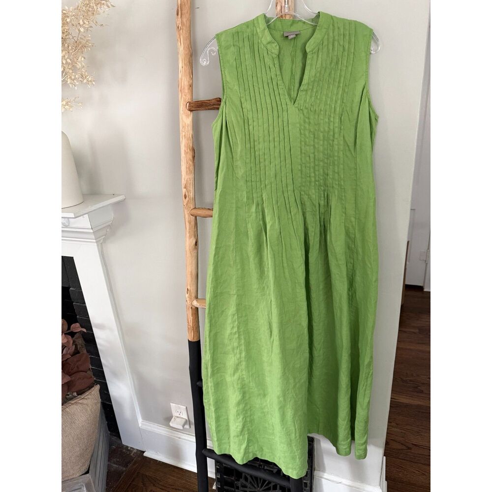 J Jill Pure Linen Green Sleeveless Midi Dress Pintuck Boho Coastal Casual M